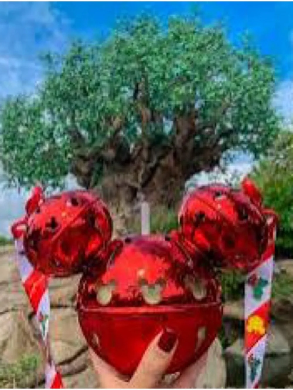 Disney Red Mickey Bell Ornament with Candy Cane Ribbons